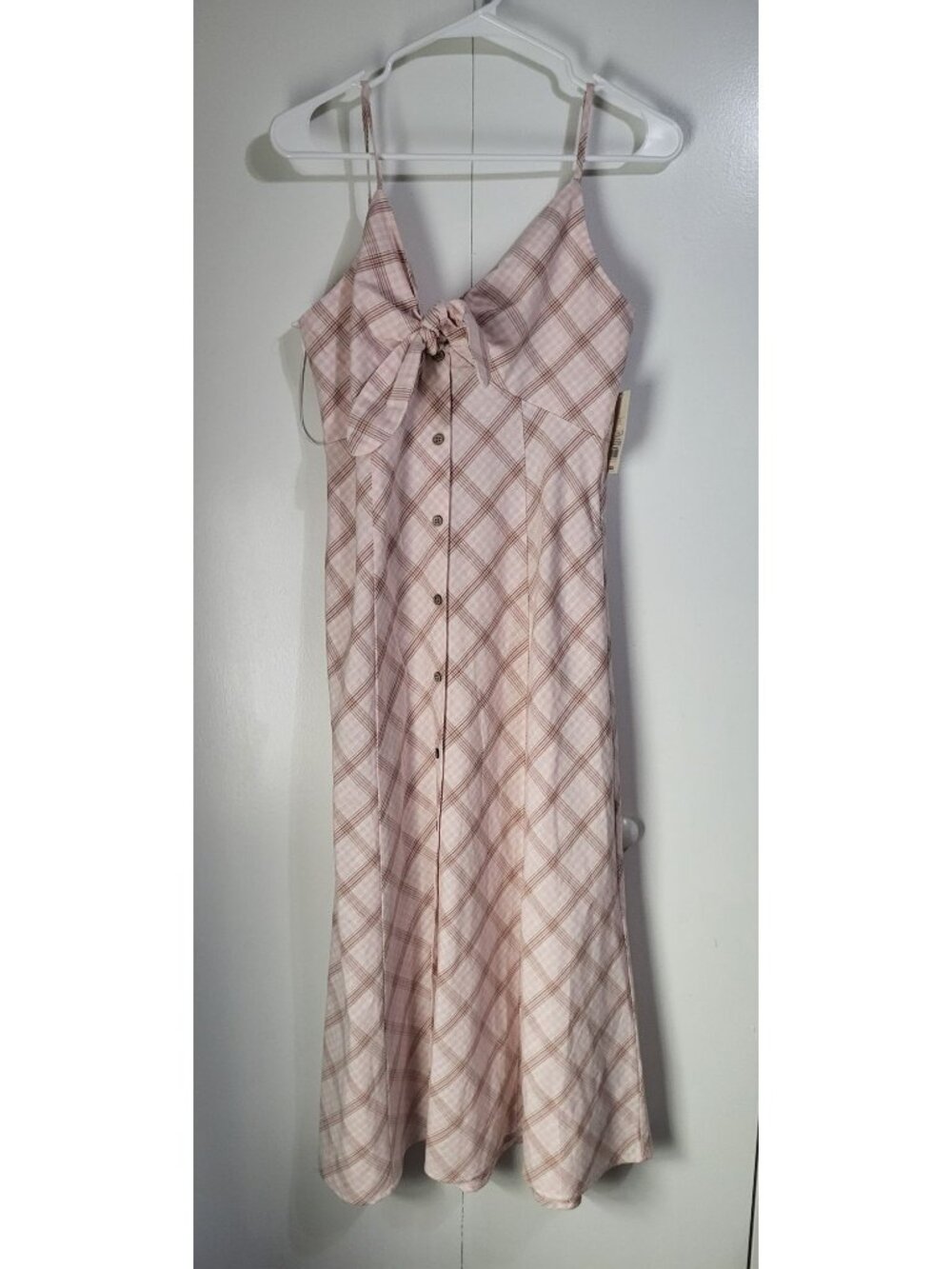 A New Day Women's S Sleeveless Bow-Front Midi A-Line Dress Pink Plaid Coquette